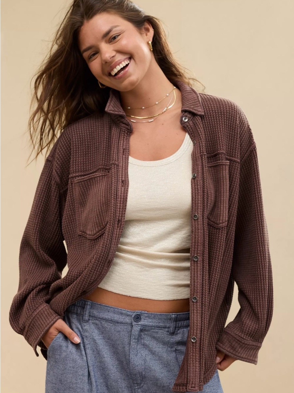 Aerie Anytime Fave Waffle Button Down Shirt Size XXS Canyon Sun Brown Oversized